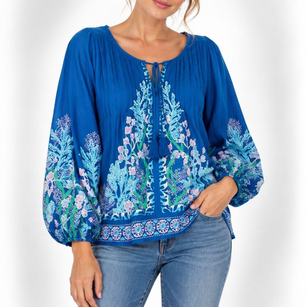 Lilly Pulitzer Marilina Tunic XL Flocking to Paradise Blue Floral Tassel Top